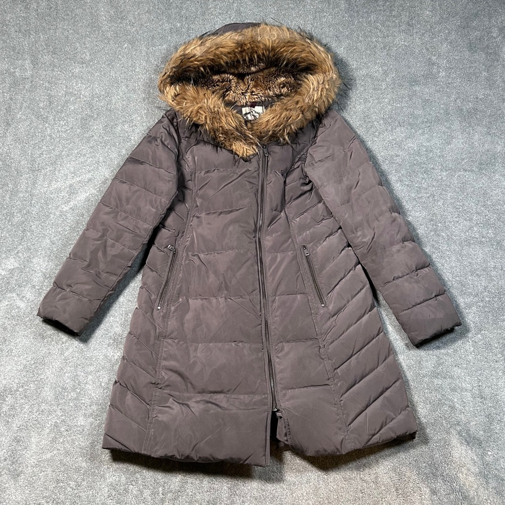 Cole Haan Coat Signature Down Puffer Coat Fur Hood Winter Warm Brown Women M